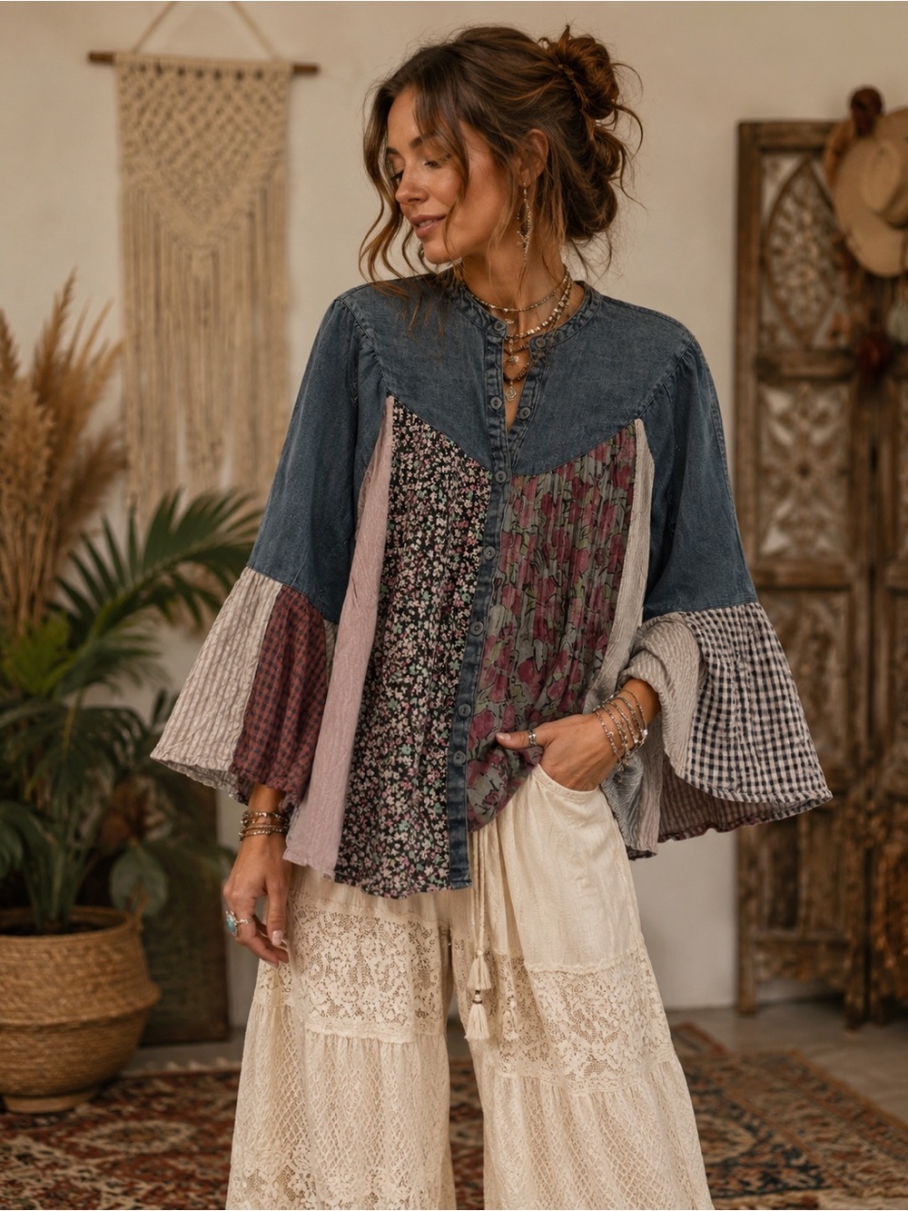 NWT Young Threads Boho Patchwork Bell Sleeve Button Up Top